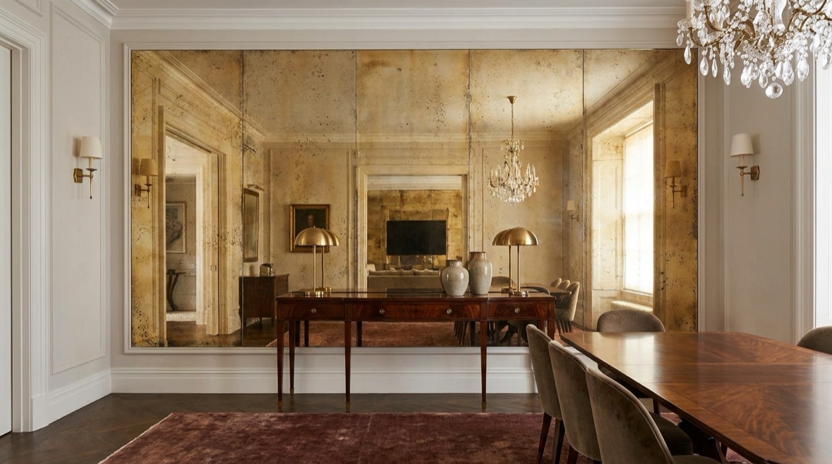 Antique distressed mirror feature wall with a warm gold patina in a luxury dining room