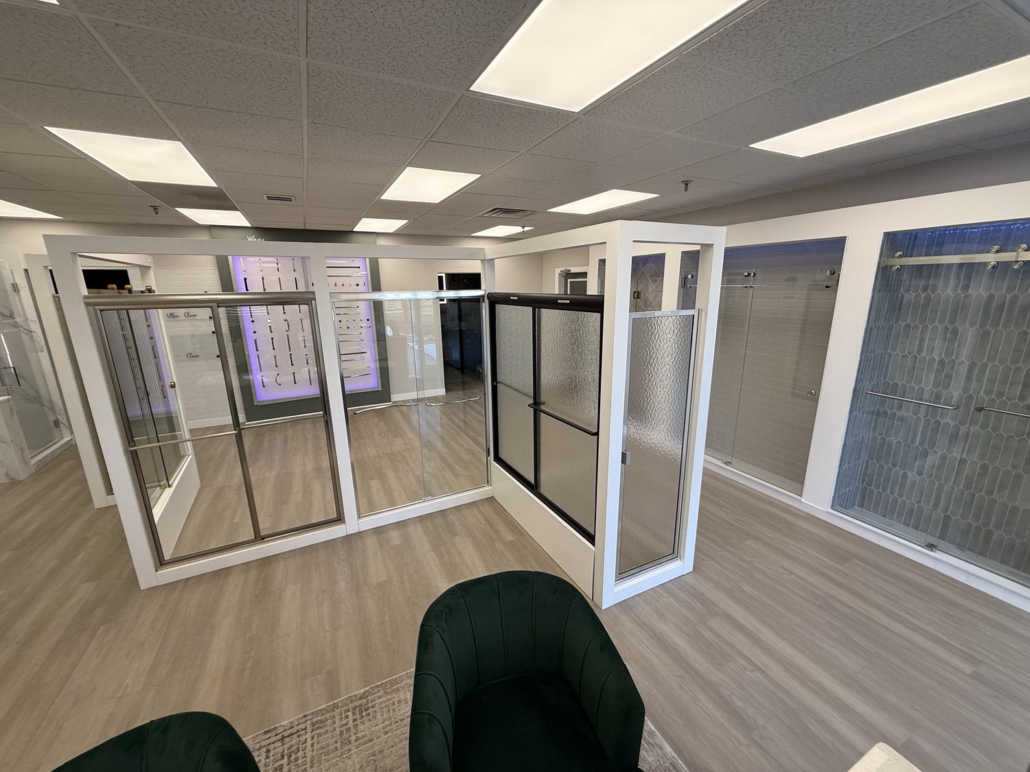 Shower enclosure displays on the showroom floor