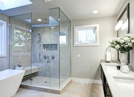 Frameless glass shower beside a freestanding tub